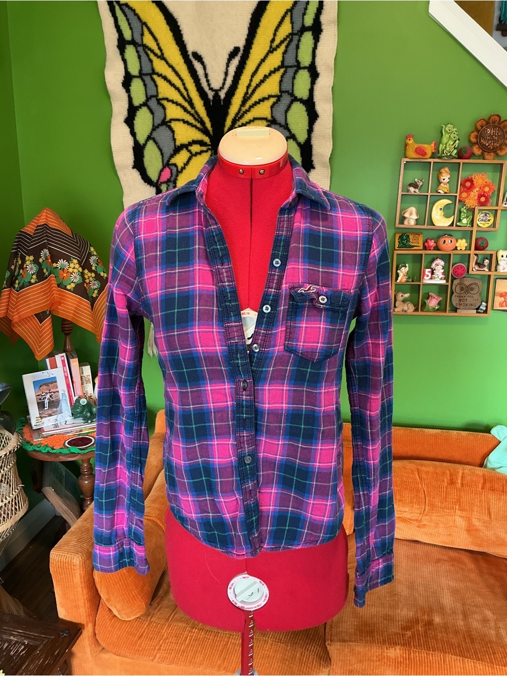Hollister Pink & Navy Plaid Button-Down Shirt